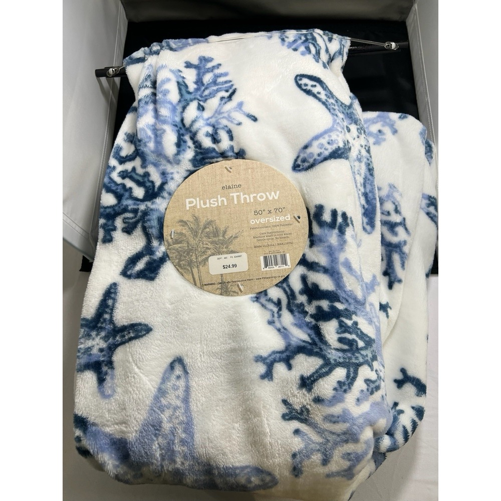 Decorative Elaine Coastal Throw Blanket Soft Plush Blue White NWT